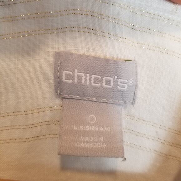Chico's Women's Linen Short Sleeve Button Up Blouse Cream Gold Thread Size Small - Picture 3 of 5